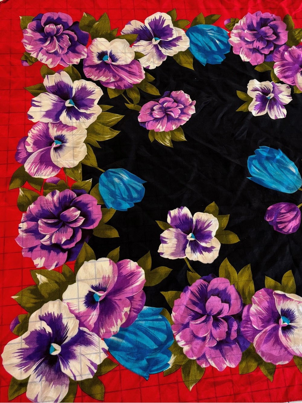 Silk Echo Old Money Large Square Tropical Floral Scarf Red, Purple, Blue, White